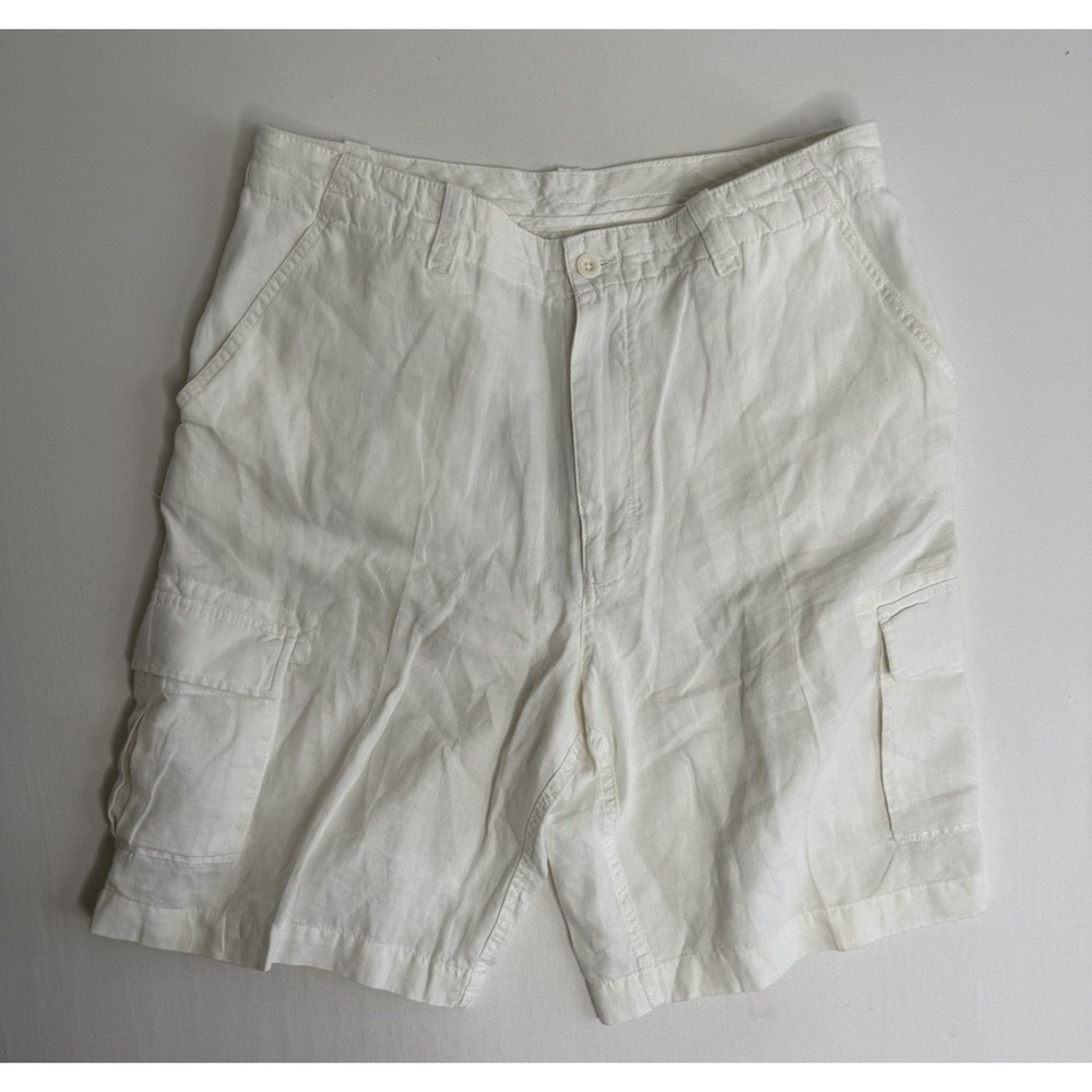Caribbean Mens White 100% Linen Cargo Shorts 34x11 Relax Beach Resort Vacation - Picture 1 of 13